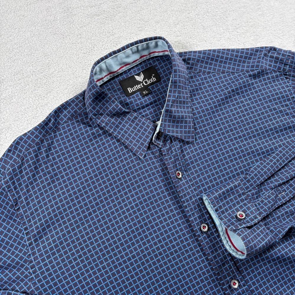 Buttercloth Shirt Mens XL Blue Cotton Checkerd Flip Cuff Travel Preppy Button Up